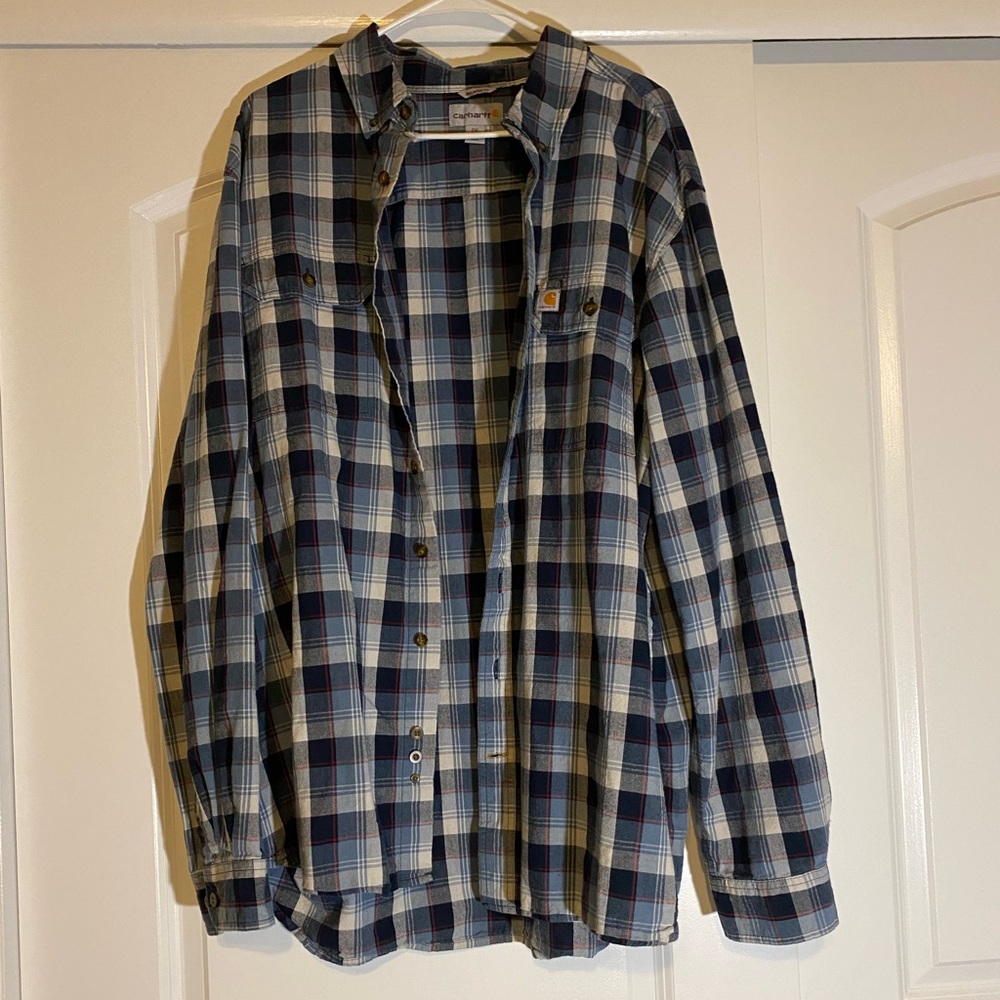 Carhartt Mens Button Up Plaid Flannel Relaxed Fit Shirt Sz 2XL Heavy Cotton Blue